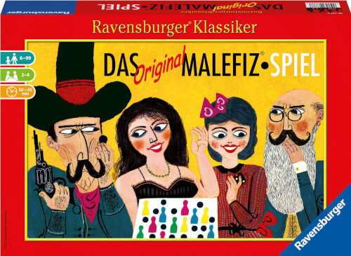 Auf dem Bild ist die Verpackung des Spiels "Das Original Malefiz Spiel" von Ravensburger zu sehen. Vier gezeichnete Spielfiguren stehen um ein Spielbrett und wirken gespannt und fröhlich.