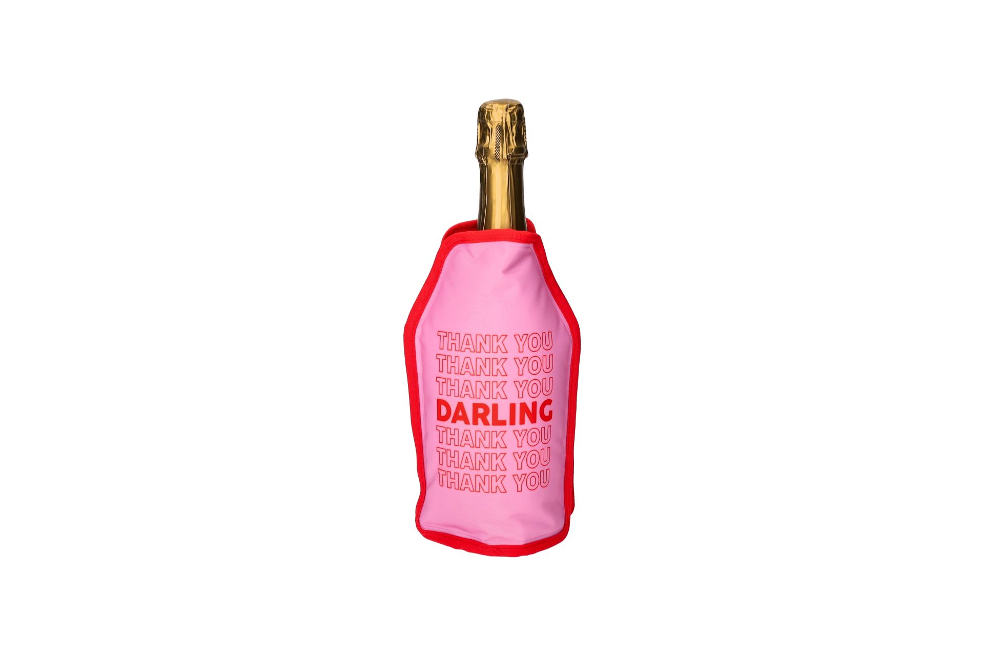 Hier sieht man die Froid Kühlmanschette mit dem Aufdruck 'Thank you darling' in Rot. Sie ist perfekt für ein kleines Dankeschön-Geschenk.