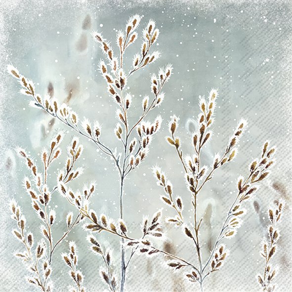 Diese Servietten zeigen ein frostiges Winterdesign in Blau und Grau. Das Produkt heißt Frozen Winter blue grey Lunch-Servietten L1088545.
