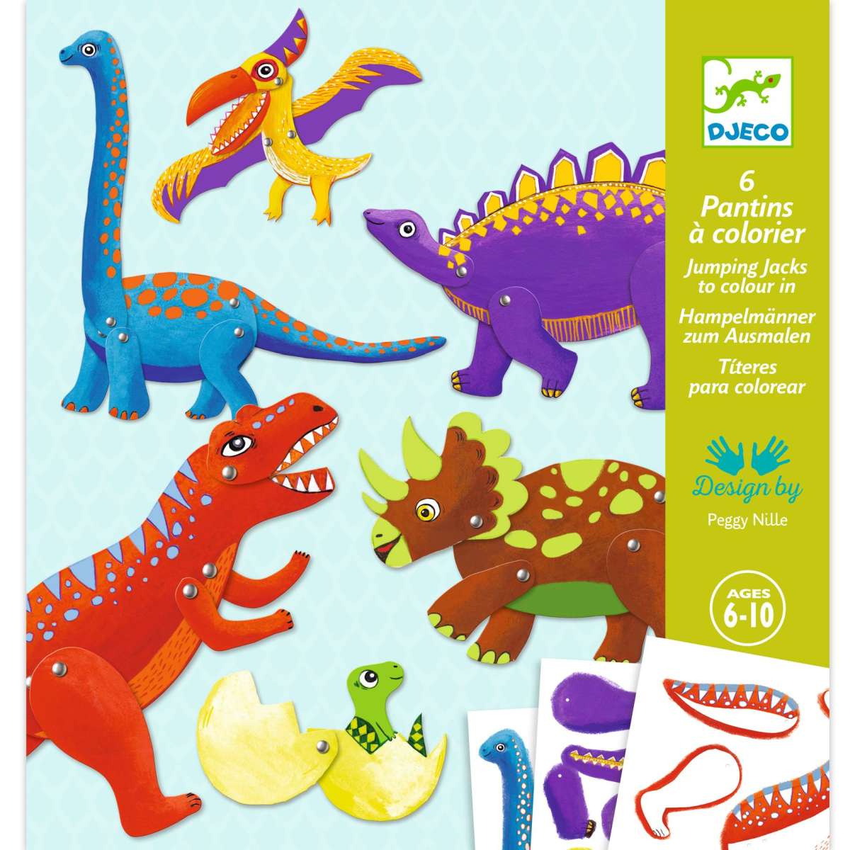 Das Bild zeigt ein Bastelset mit bunten Dinosaurier-Hampelmännern zum Ausmalen. Es ist für Kinder im Alter von 6 bis 10 Jahren geeignet.
