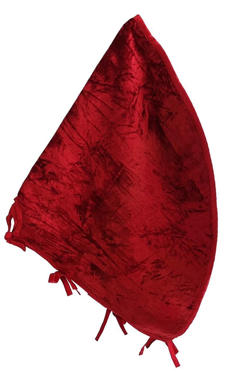 Auf dem Bild ist eine rote Baumdecke mit einem Durchmesser von 1 Meter zu sehen. Sie hat eine samtige Oberfläche und seitliche Schleifen zum Befestigen.