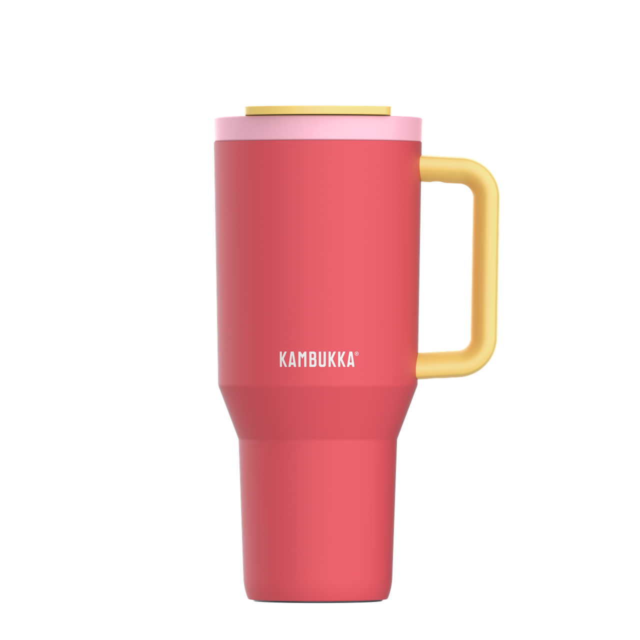 Der Trinkbecher Rio 950ml in Pink Papaya ist ein großer, pinkfarbener Becher mit gelbem Henkel. Er hat ein modernes Design und eignet sich ideal für unterwegs.