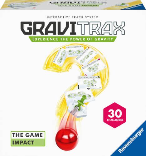Auf dem Bild ist die Verpackung des Spiels "GraviTrax: The Game Impact" zu sehen. Das Cover zeigt eine rote Kugel, die eine gelbe Bahn entlangrollt, sowie den Hinweis auf 30 Herausforderungen.
