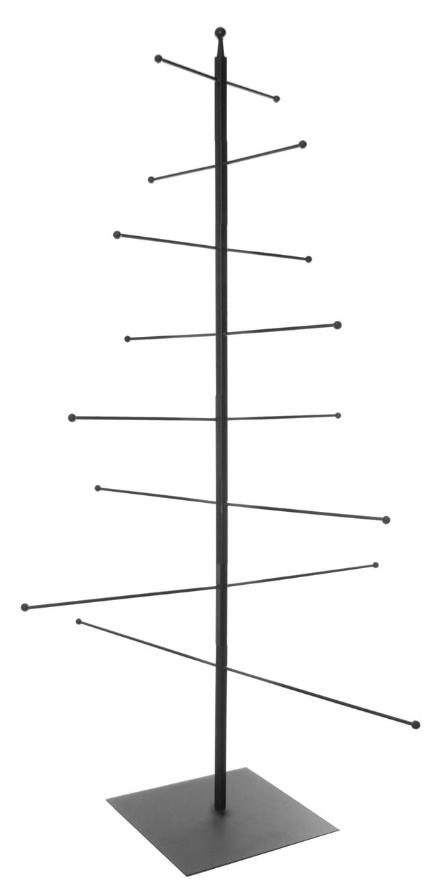 Auf dem Bild ist ein schwarzer Metallbaum mit einer Höhe von 110 cm zu sehen. Er steht auf einer quadratischen Basis und hat mehrere waagerechte Äste auf verschiedenen Höhen.
