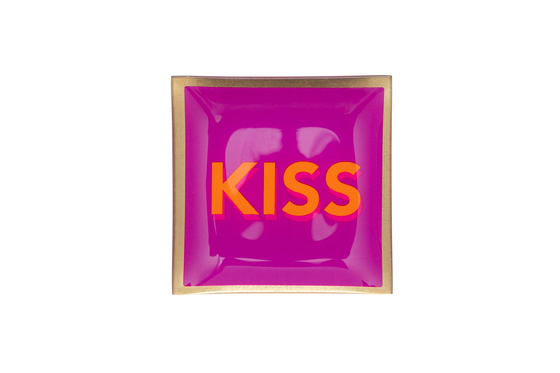 Love Plates, Glasteller S, Kiss, fuchsia ist ein kleiner Glasteller in leuchtendem Fuchsia mit dem Motiv 'Kiss'. Der Teller ist auffällig und eignet sich als Blickfang.