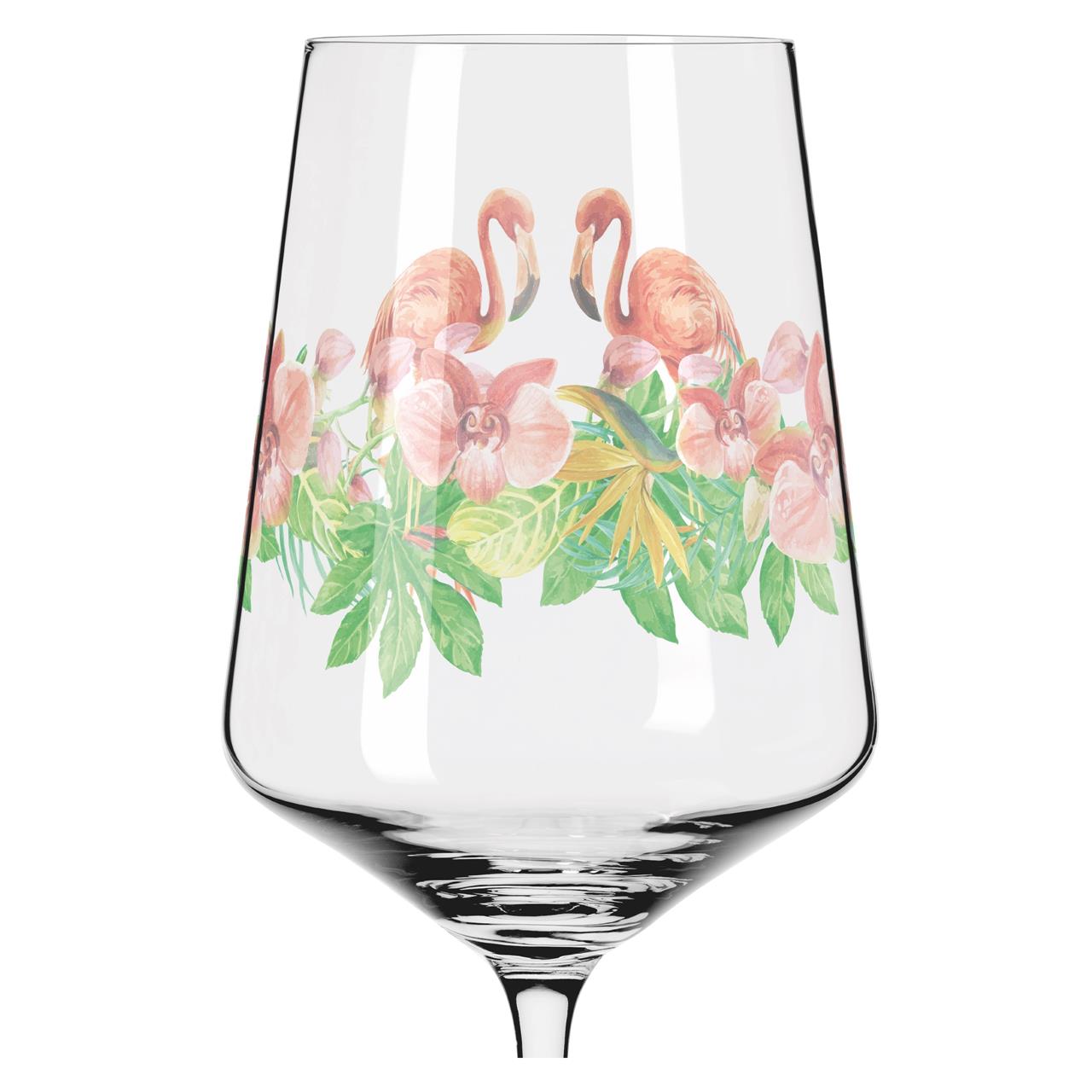 Auf dem Glas ist ein farbenfrohes Motiv mit Flamingos, Blumen und grünen Blättern abgebildet. Das Produkt heißt "Sommersonett Sprizz 2er-Set 005".