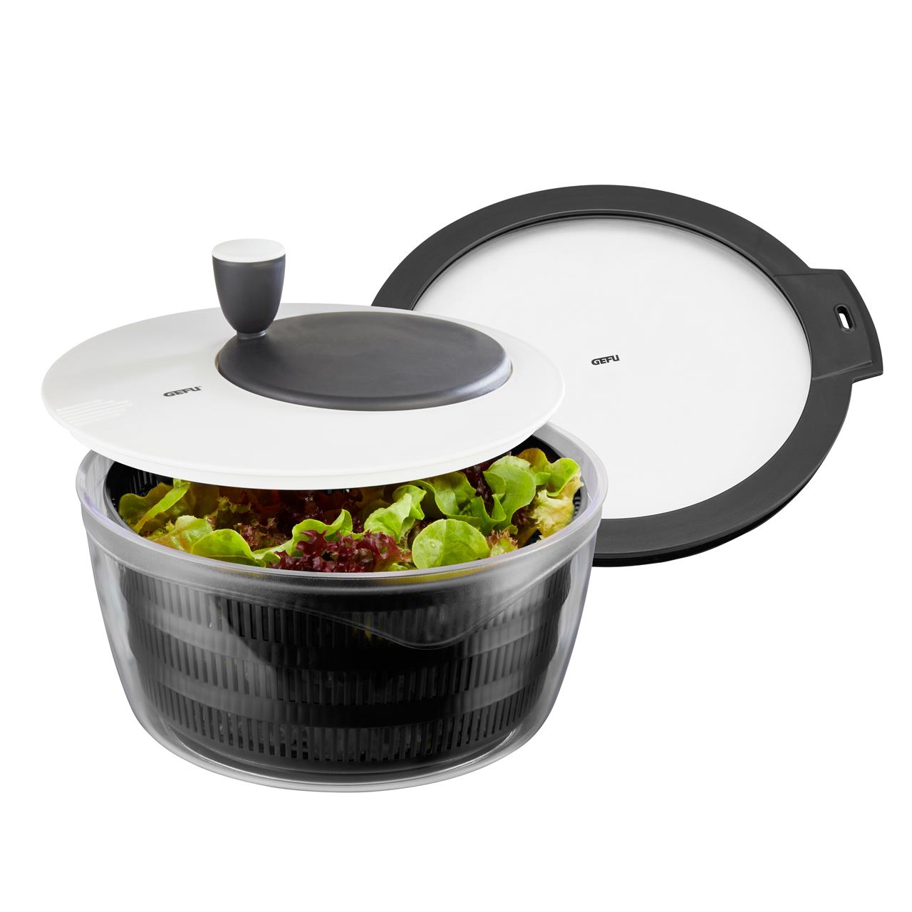 Die Abbildung zeigt eine Salatschleuder Rotare mit Frischhaltedeckel. In der Schüssel befindet sich frischer, gewaschener Salat.