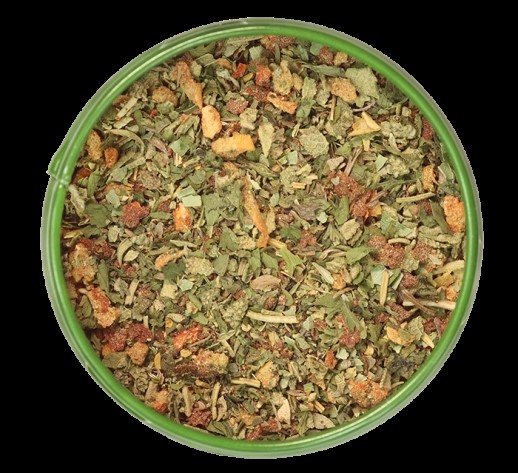 Das Bild zeigt eine grüne Dose mit der Gewürzmischung "Mallorquinischer Kräutergarten" (35g). In der Dose sind verschiedene, grob gehackte Kräuter und Gewürze zu sehen.