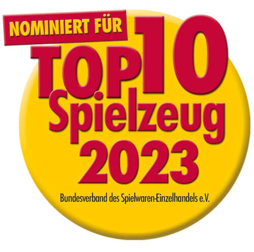 Das Bild zeigt einen gelben Kreis mit roter Aufschrift „Top 10 Spielzeug 2023“. Oben steht in einem roten Feld „Nominiert für“.