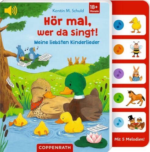 Auf dem Bild ist ein buntes Kinderbuch mit Enten, Küken und anderen Tieren an einem Teich zu sehen. Rechts am Buchrand sind bunte Knöpfe mit Tierbildern, die verschiedene Melodien abspielen können.