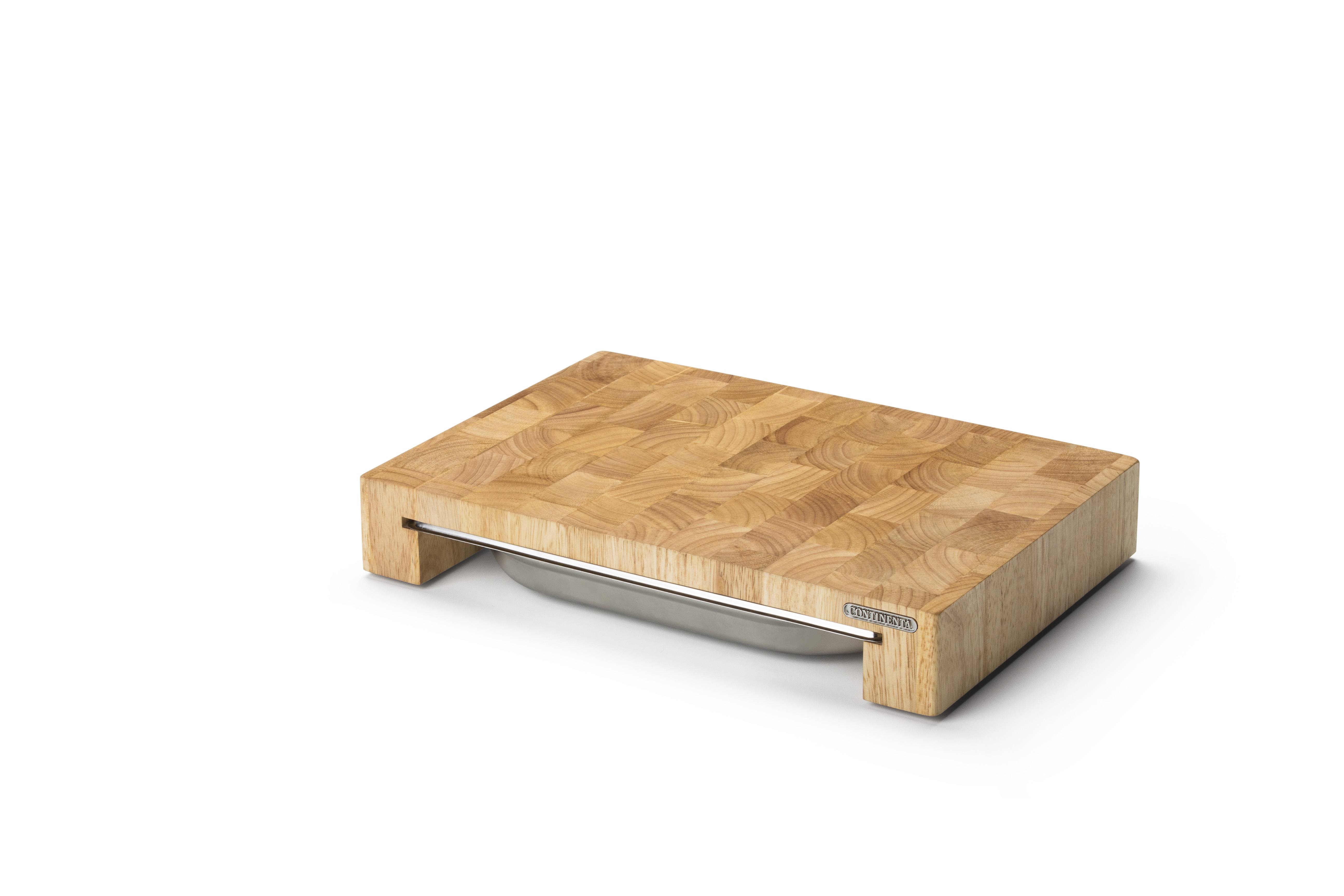 Auf dem Bild ist ein rechteckiges Schneidebrett aus Holz zu sehen. Unter dem Brett befindet sich eine Metallschale, die teilweise herausgezogen ist.