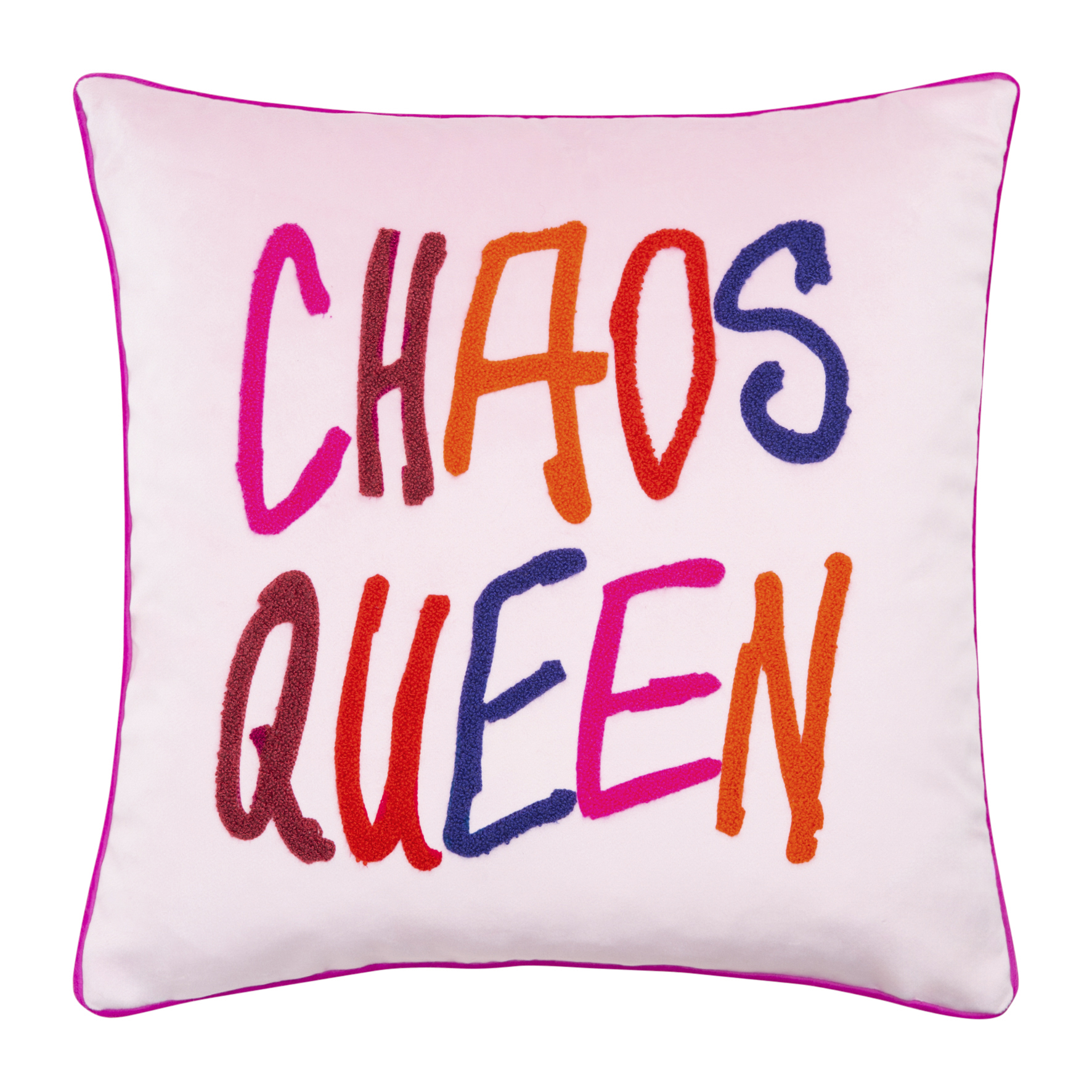 Kissen LETTERS CHAOS QUEEN in der Farbe Rose, Größe 40 x 40 cm. Ein dekoratives Kissen mit Füllung.
