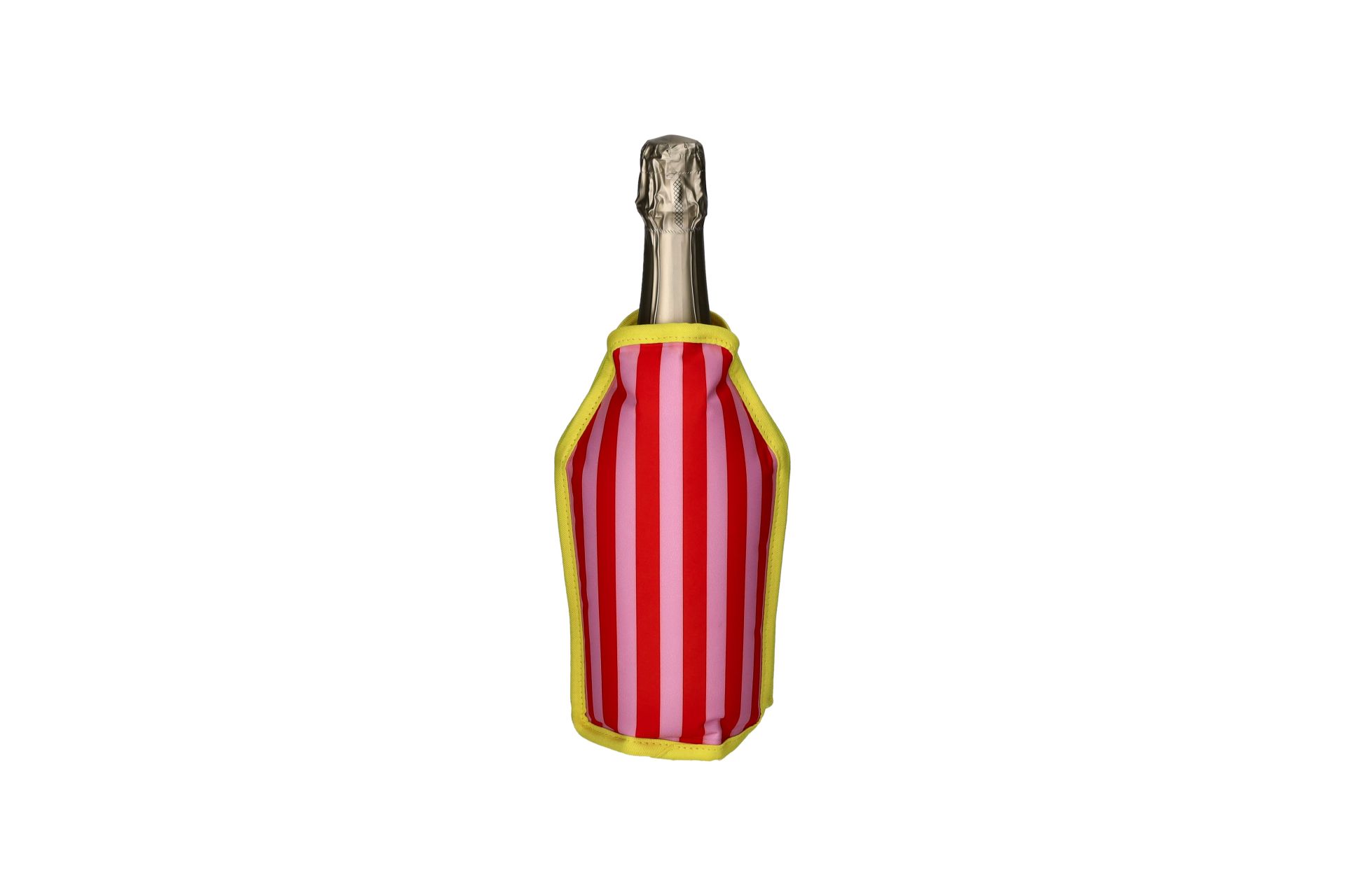 Froid Kühlmanschette mit Streifen in rot, rosa und grün. Dieses Produkt hilft beim Kühlen von Getränken.