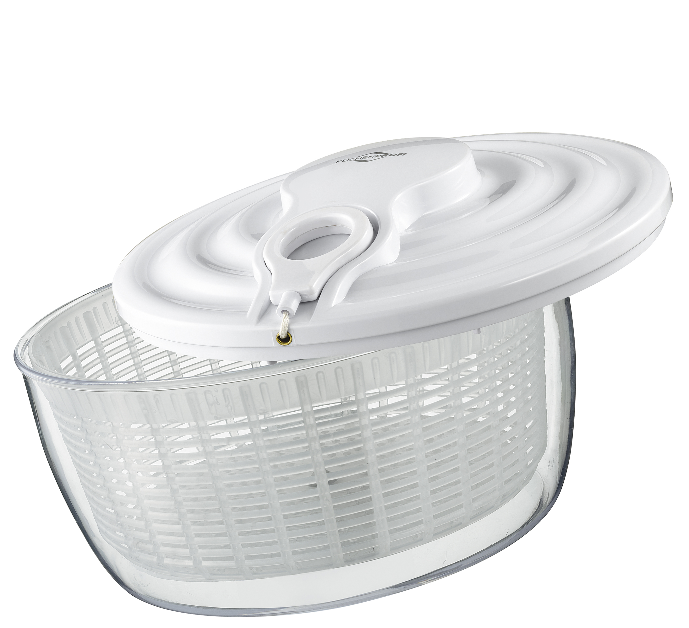 Das Bild zeigt eine Salatschleuder mit transparentem Behälter und weißem Deckel. Der Deckel ist leicht geöffnet und der Einsatzkorb ist gut sichtbar.