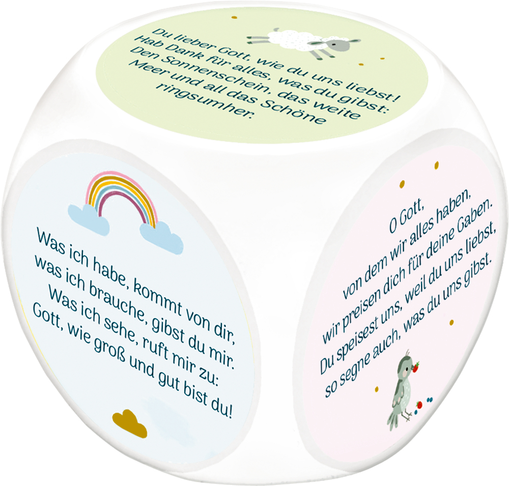 Das Bild zeigt einen Gebetswürfel mit dem Namen: Alle guten Gaben. Dieser Würfel eignet sich zum gemeinsamen Gebet und Dank vor dem Essen.