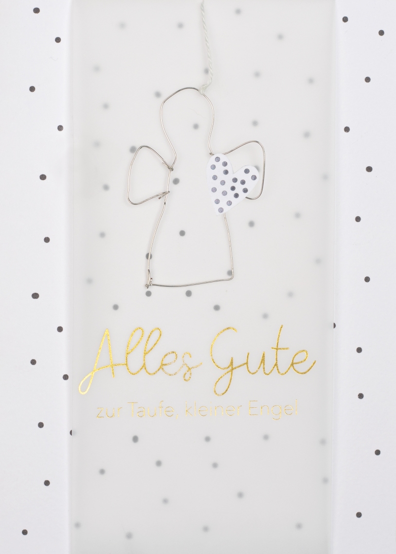 Das Bild zeigt eine Drahtkarte mit einem Engel aus Draht und einem gepunkteten Herz. Darunter steht in goldener Schrift: "Alles Gute zur Taufe, kleiner Engel."