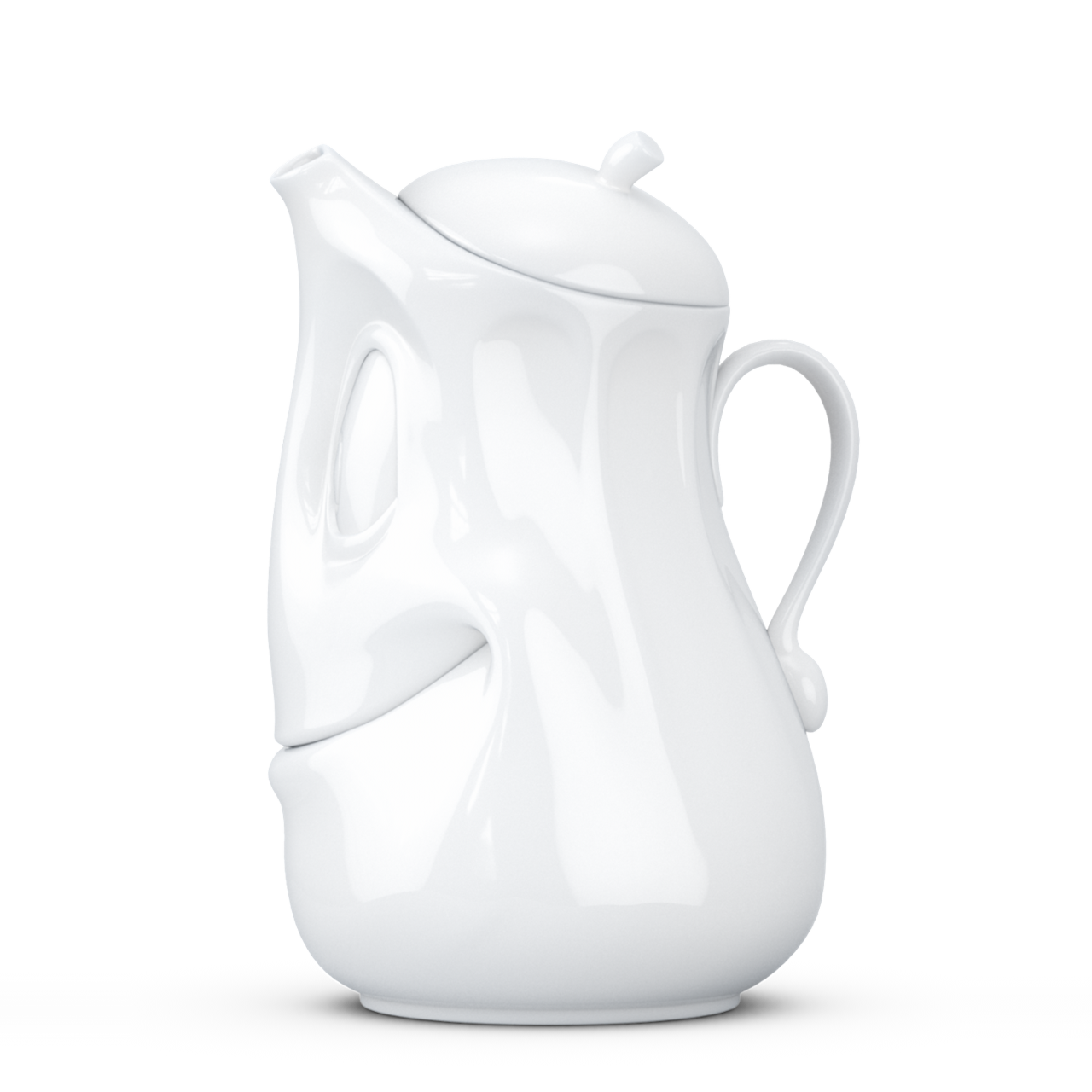 Die Abbildung zeigt eine weiße Kanne mit einem Fassungsvermögen von 1200 ml. Die Kanne hat ein freundliches, lächelndes Gesicht im Design integriert.