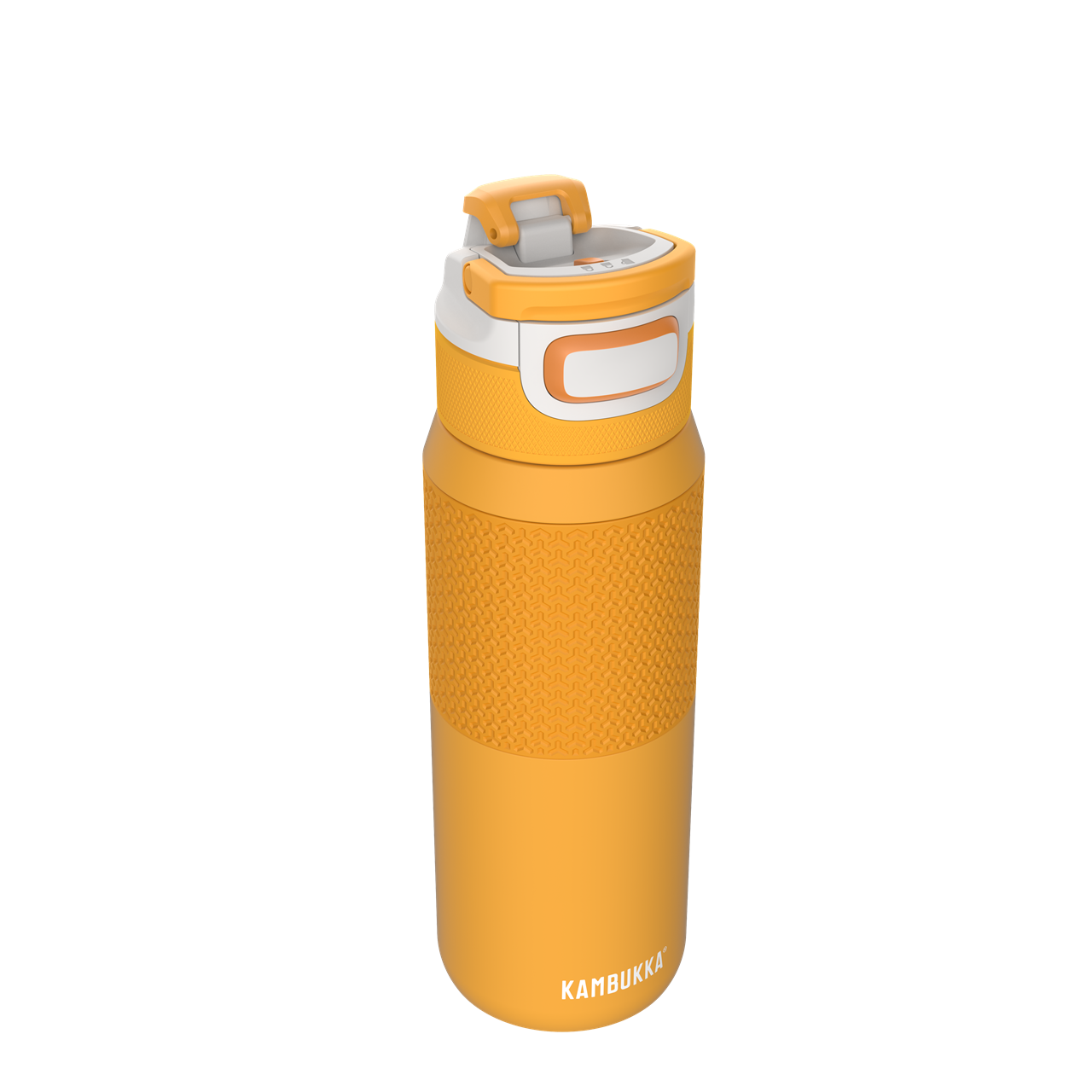 Die Abbildung zeigt eine isolierte Trinkflasche in der Farbe Mango, Modell "Elton Insulated 750ml Mango Maniac". Sie hat einen rutschfesten Griff und einen praktischen Verschluss.
