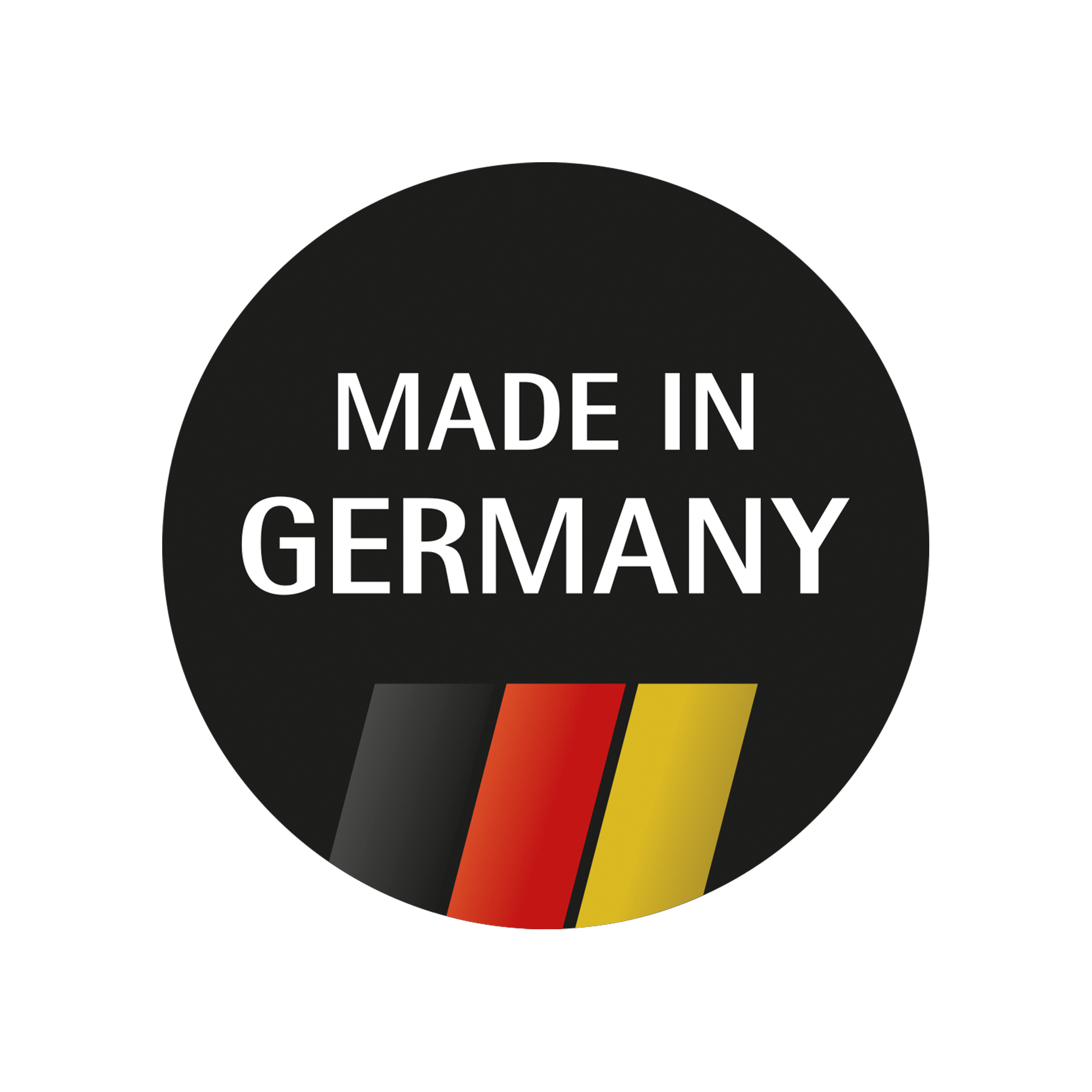 Das Bild zeigt einen schwarzen Kreis mit der weißen Aufschrift "MADE IN GERMANY". Unten im Kreis sind drei Streifen in den Farben Schwarz, Rot und Gelb abgebildet.