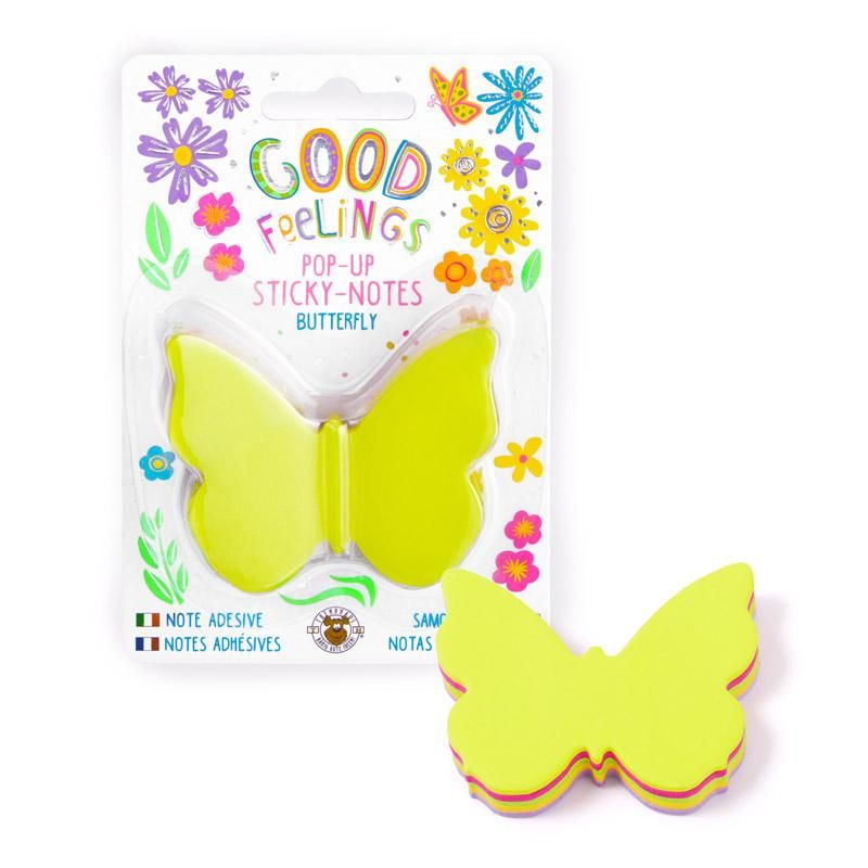 Das Bild zeigt ein Set von Haftnotizen in Schmetterlingsform mit buntem, blumigem Verpackungsdesign. Die Haftnotizen sind gelb und als „Pop-Up Sticky-Notes Butterfly“ gekennzeichnet.