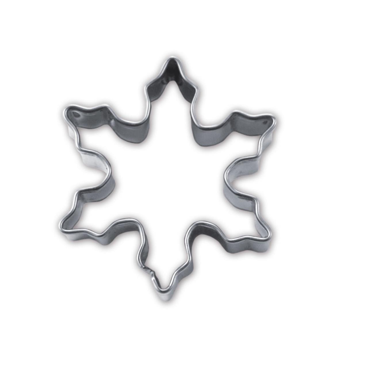 Das Bild zeigt einen kleinen Ausstecher in Form eines Eiskristalls. Der Ausstecher ist aus Metall und etwa 4 cm groß.
