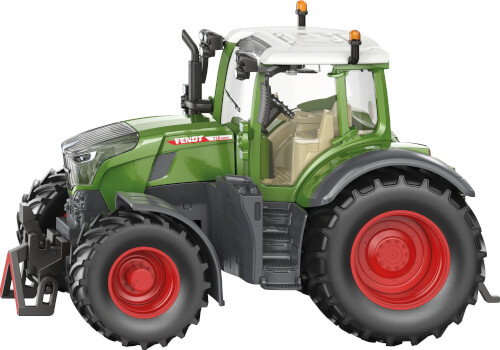 Auf dem Bild ist ein grüner Traktor mit roten Rädern zu sehen. Der Traktor hat eine weiße Fahrerkabine und ist von der Seite abgebildet.