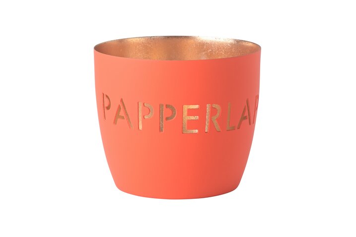 Madras Windlicht in Größe M mit dem Motiv Papperlapapp in neon Orange. Es ist ein stilvolles Teelicht für moderne Dekoration.
