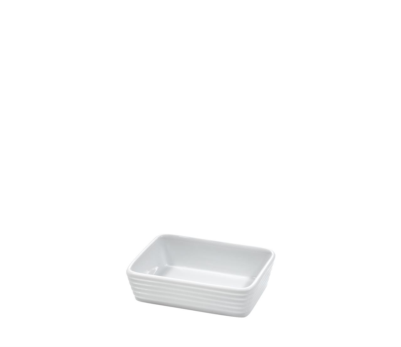 Die Abbildung zeigt eine rechteckige Auflaufform aus Burgund mit einer Größe von 12 cm. Die Form ist weiß und hat ein schlichtes, geripptes Design.