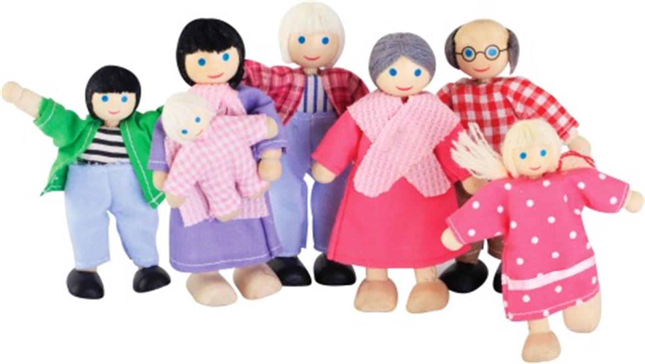 Das Bild zeigt eine Puppenhaus-Familie aus Holzfiguren mit bunter Kleidung. Die Figuren stellen verschiedene Familienmitglieder, darunter Erwachsene, Kinder und ein Baby, dar.