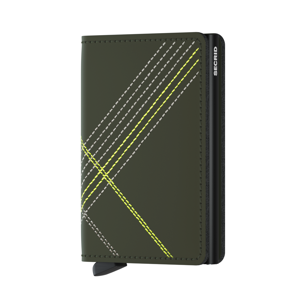Das Bild zeigt das Slimwallet Stitch Linea Lime von Secrid. Die Geldbörse ist olivgrün mit auffälligen gelben und grauen Ziernähten.
