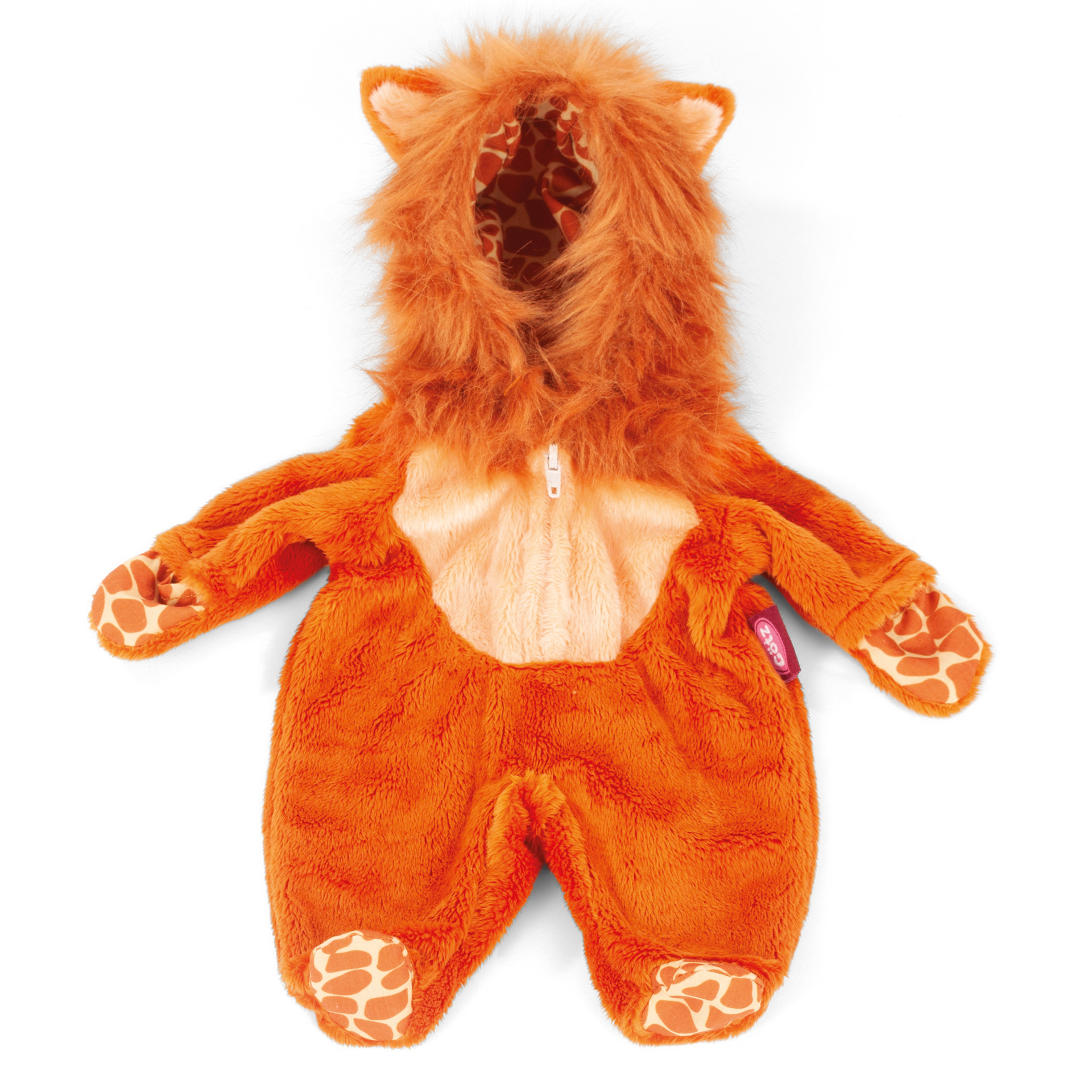 Das Foto zeigt den BC Onesie mit Wildkatzenmotiv. Der Overall ist für Babypuppen gedacht und sieht besonders kuschelig aus.