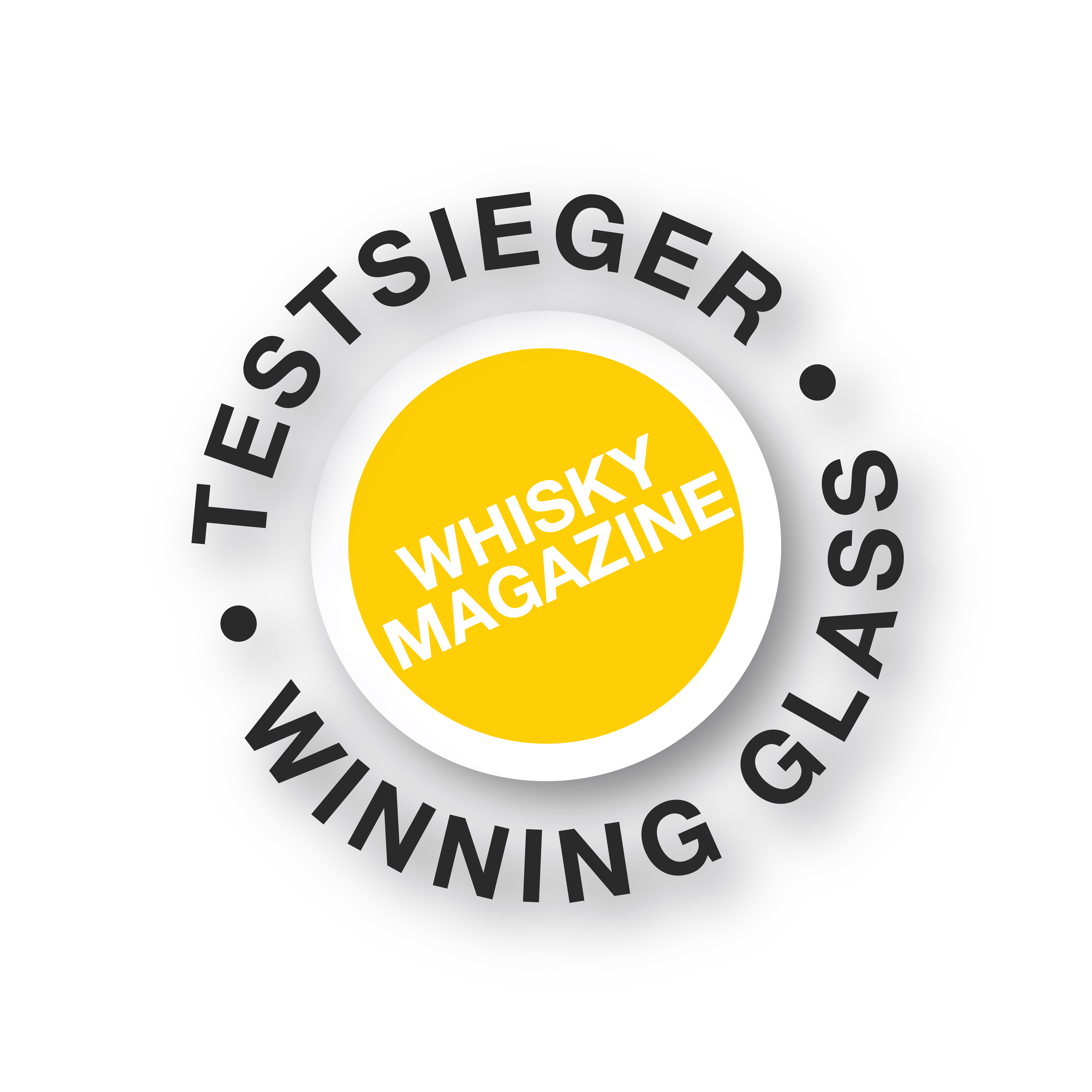 Das Bild zeigt ein rundes Siegel mit einem gelben Kreis in der Mitte. Im Kreis steht "WHISKY MAGAZINE" und außen herum steht "TESTSIEGER · WINNING GLASS".