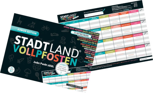 Das Bild zeigt das Spiel "Stadt Land Vollpfosten" in der Junior Edition. Es sind zwei Spielblöcke mit verschiedenen Kategorien und buntem Design zu sehen.