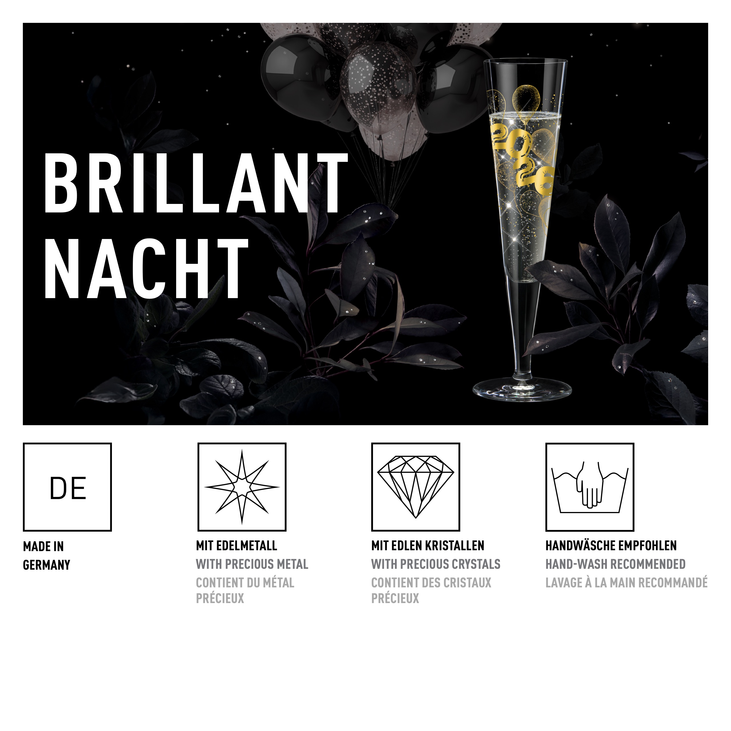 Auf diesem Bild wird das Brillantnacht Sektglas RDT 2026 präsentiert. Es eignet sich perfekt für Sekt und Champagner.