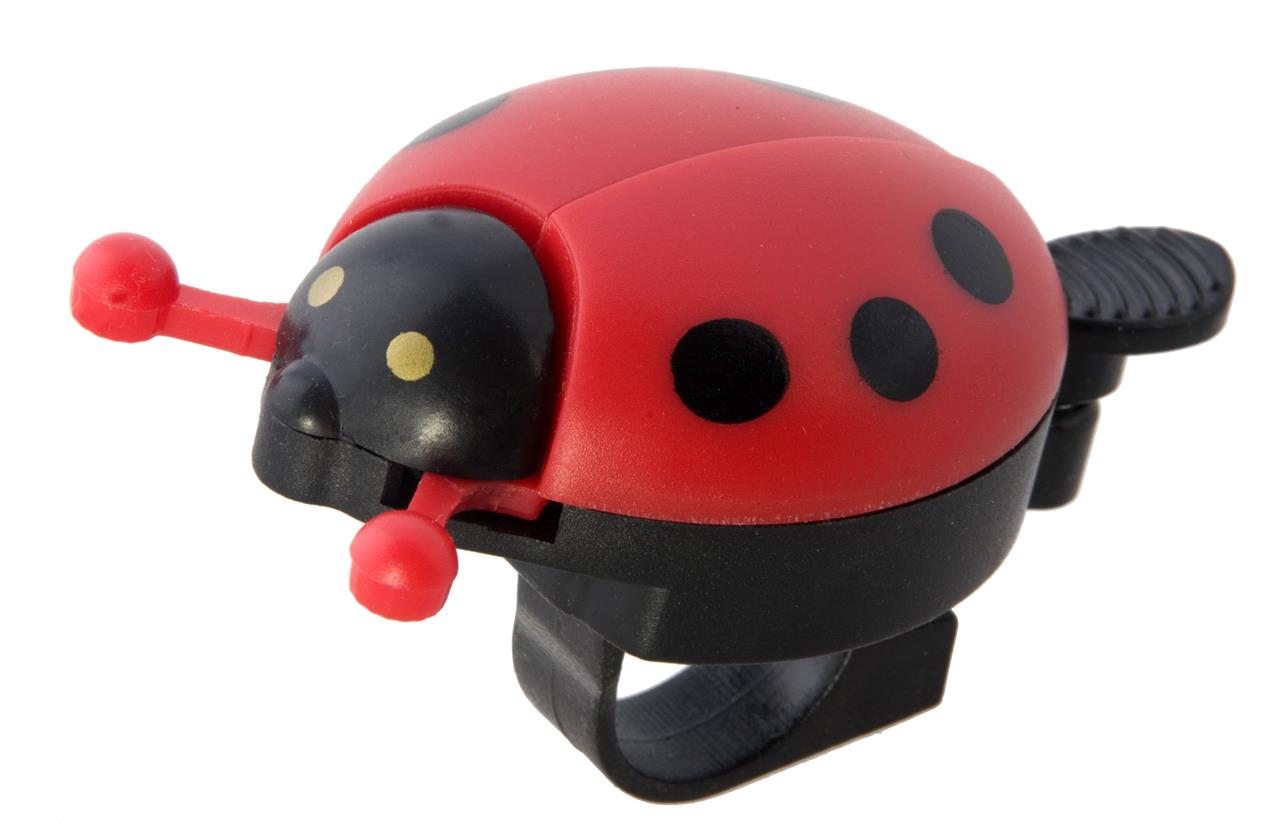 Dies ist eine Fahrradklingel in Form eines Marienkäfers. Sie ist schwarz-rot und hat schwarze Punkte auf dem Rücken.