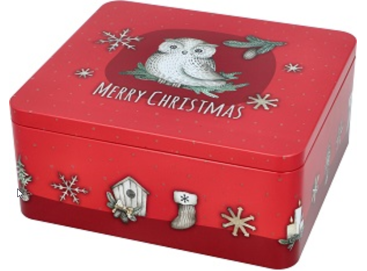Auf dem Bild ist die Gebäckdose 'MerryChristmas' in der Größe XL und eckiger Form zu sehen. Sie bietet viel Platz für weihnachtliches Gebäck.