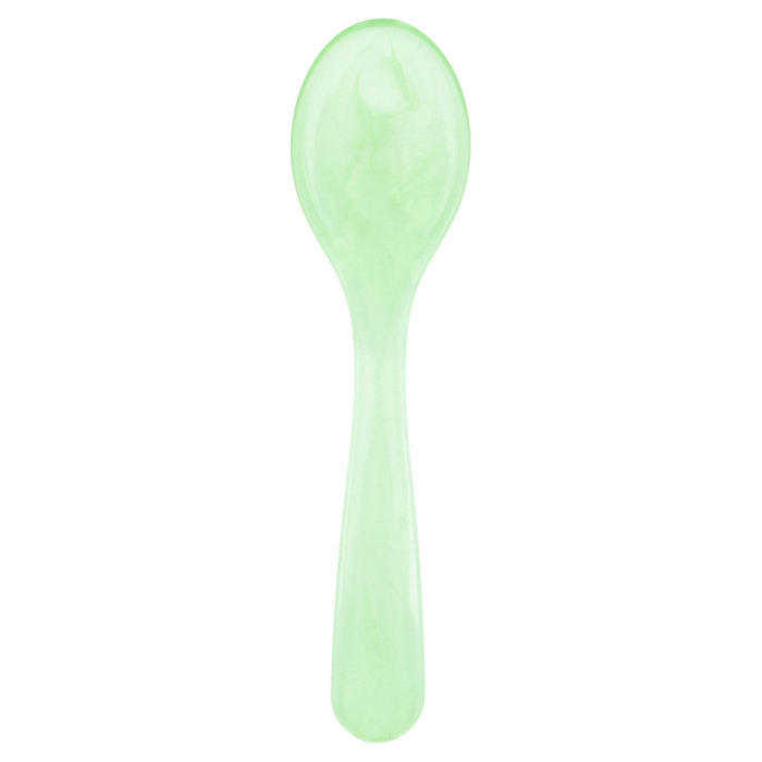 Eierlöffel aus Acryl in hellgrüner, marmorierter Farbe. Der Löffel hat eine Länge von 12 cm.