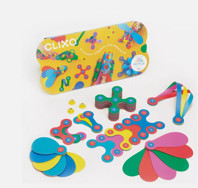 Hier ist das Produkt 'CLIXO Rainbow 42-teilig' abgebildet. Es handelt sich um ein bunte Konstruktionsspielzeug mit vielen Teilen.