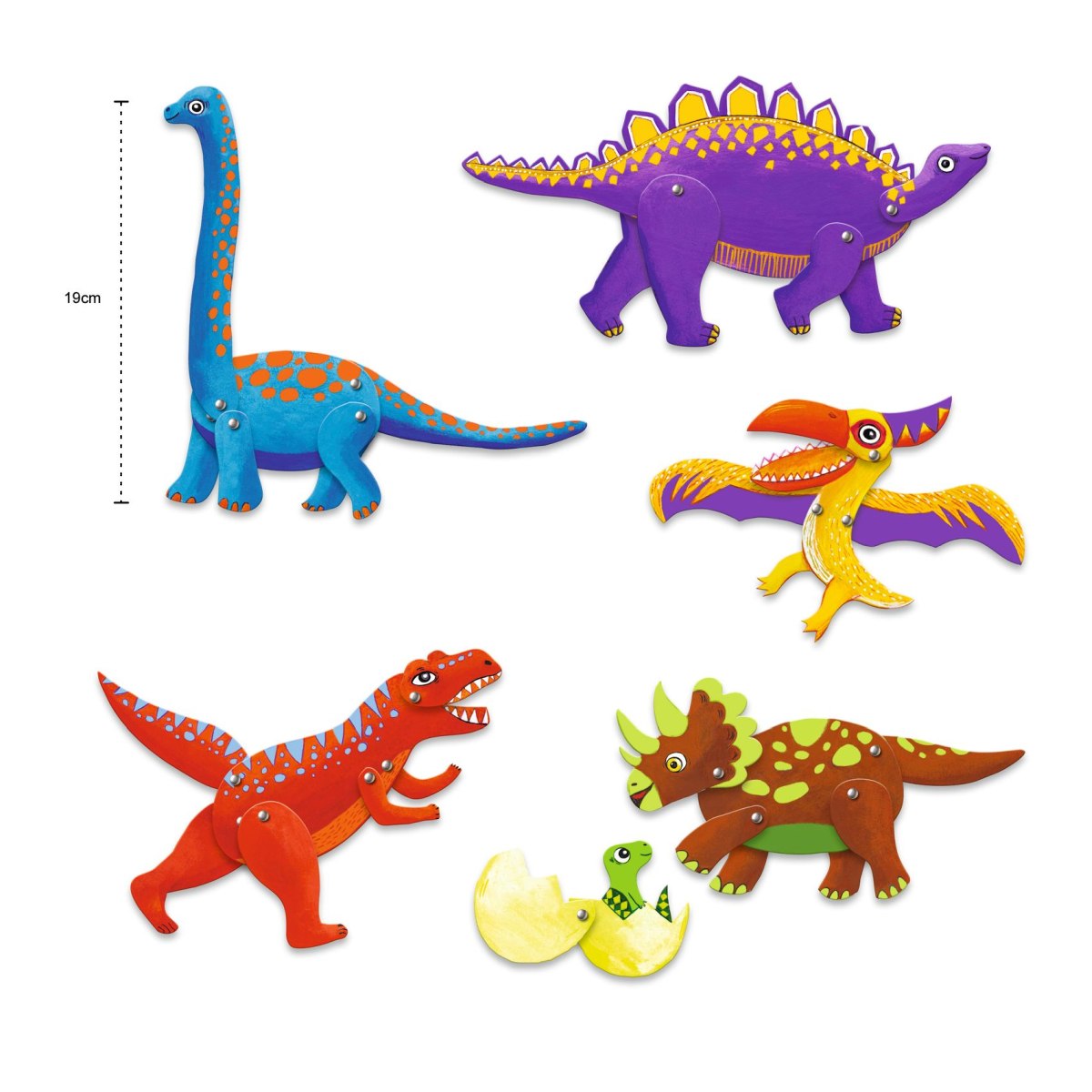 Das Bild zeigt bunte Dino-Hampelmänner aus Holz in verschiedenen Formen und Farben. Die Figuren sind kindgerecht gestaltet und haben bewegliche Gliedmaßen.