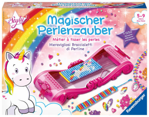 Auf dem Bild ist eine bunte Bastelbox mit einem Perlenwebrahmen abgebildet. Auf der Verpackung sind ein Einhorn, viele Perlen und bunte Armbänder zu sehen.