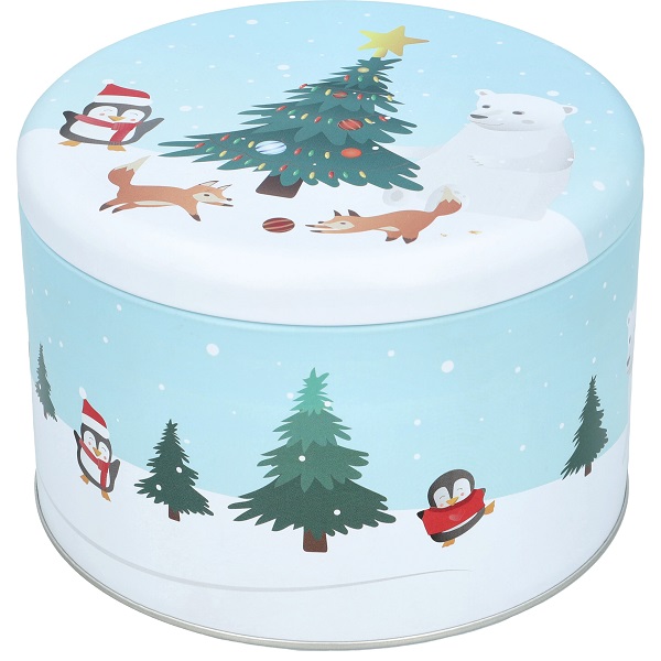 Abgebildet ist die Gebäckdose Christmas Decoration, rund, Größe XL. Die Dose ist festlich dekoriert und eignet sich zur Aufbewahrung von Plätzchen.