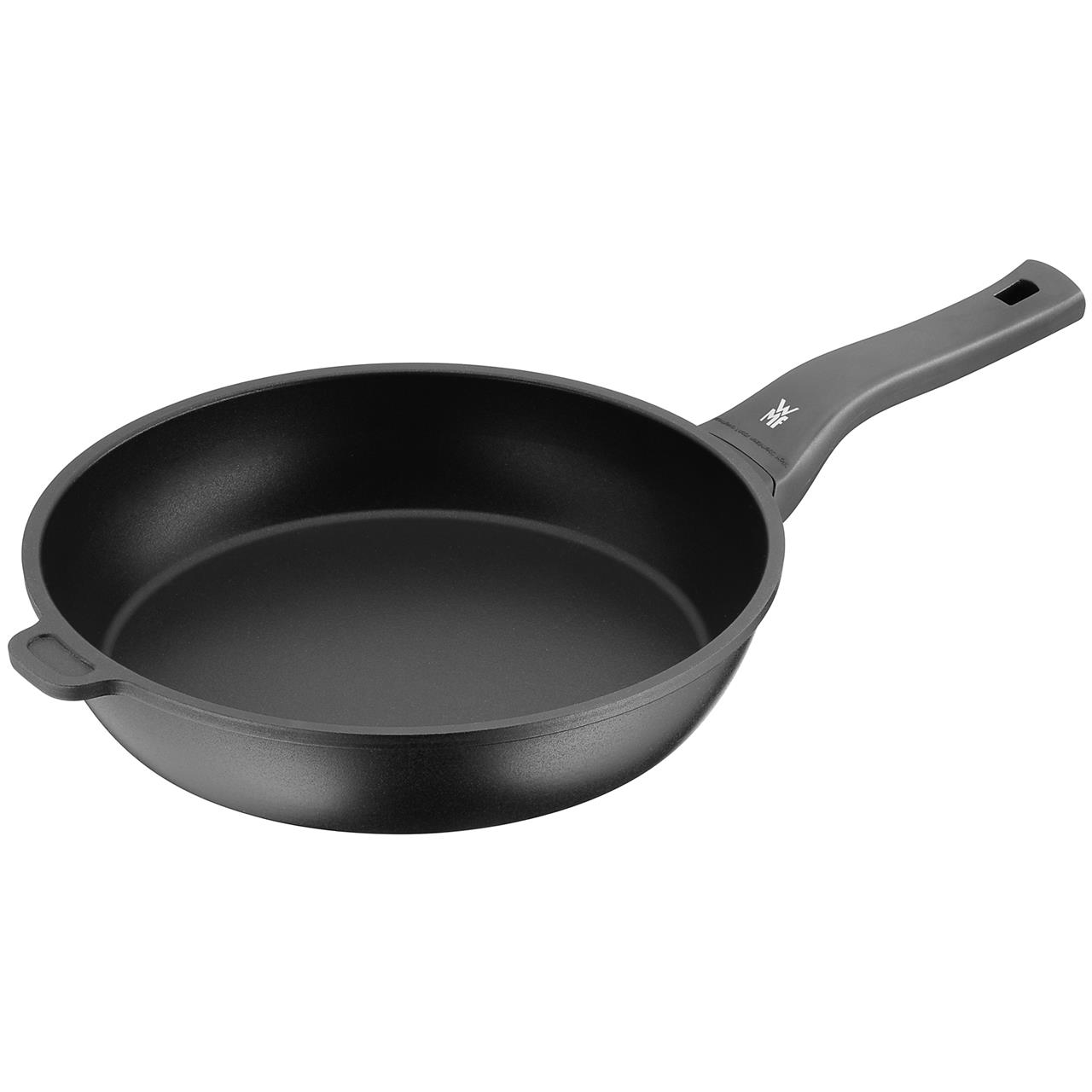 Die Abbildung zeigt die Pfanne Permadur Premium 28cm Hoch. Sie ist schwarz, hat einen langen Griff und eine extra hohe Seitenwand.