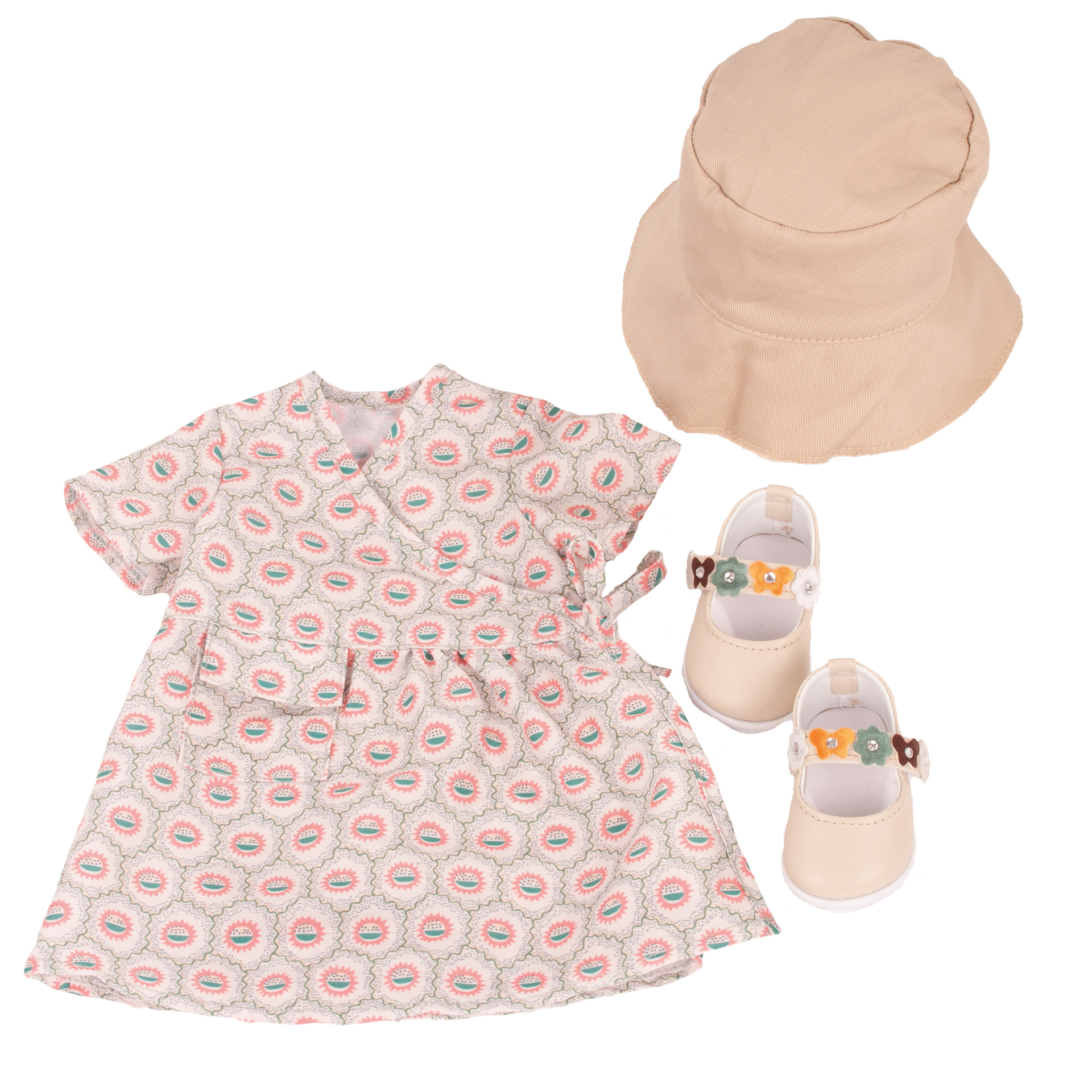 Abgebildet ist das Produkt 'Ensemble, Happy Flower 50cm'. Es ist ein Puppen-Wickelkleid mit Blumenmuster für eine 50 cm Stehpuppe.