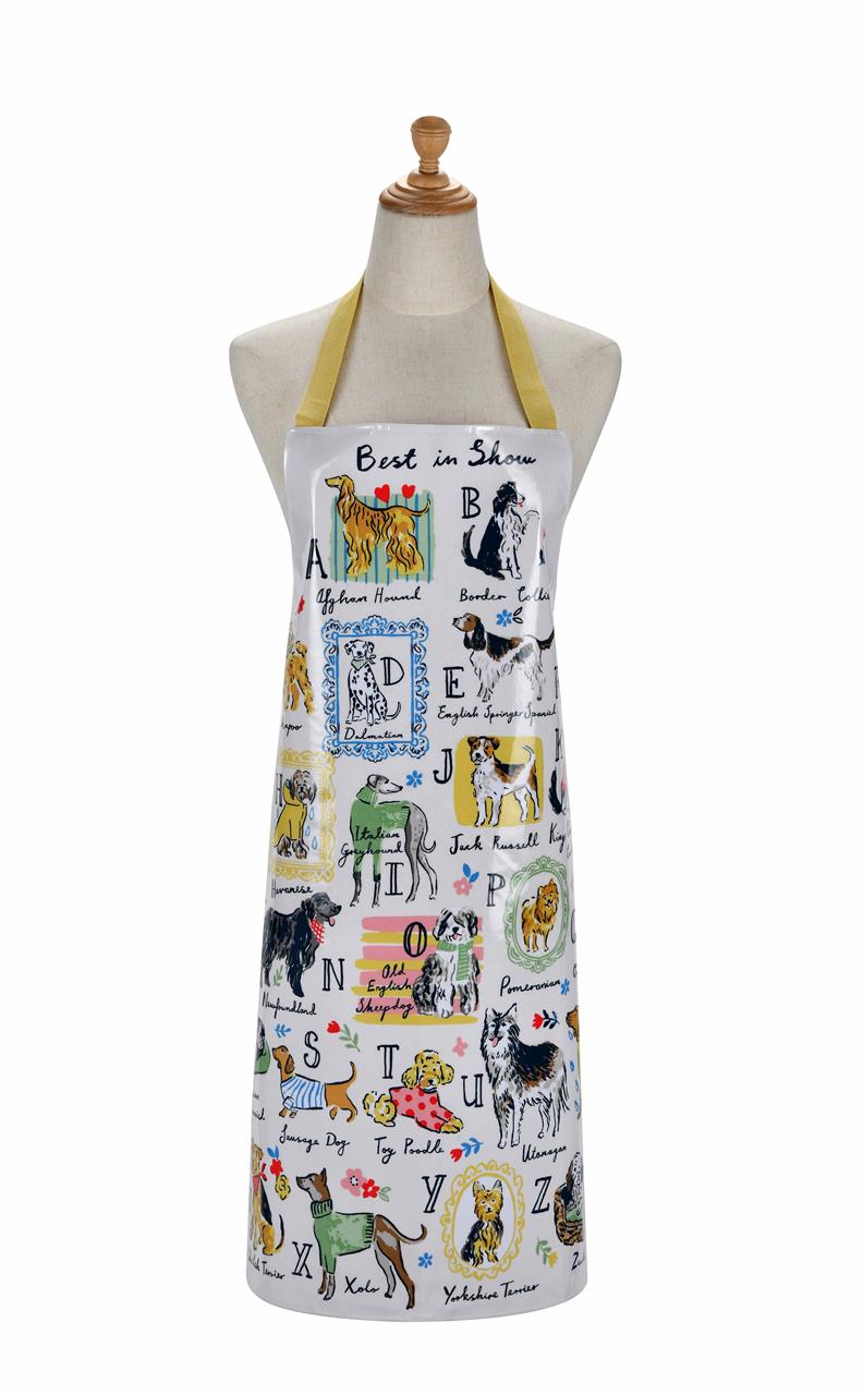 Dies ist eine PVC-Schürze mit dem Aufdruck "Best in Show". Sie zeigt verschiedene Hunderassen, die jeweils mit Buchstaben und bunten Illustrationen versehen sind.