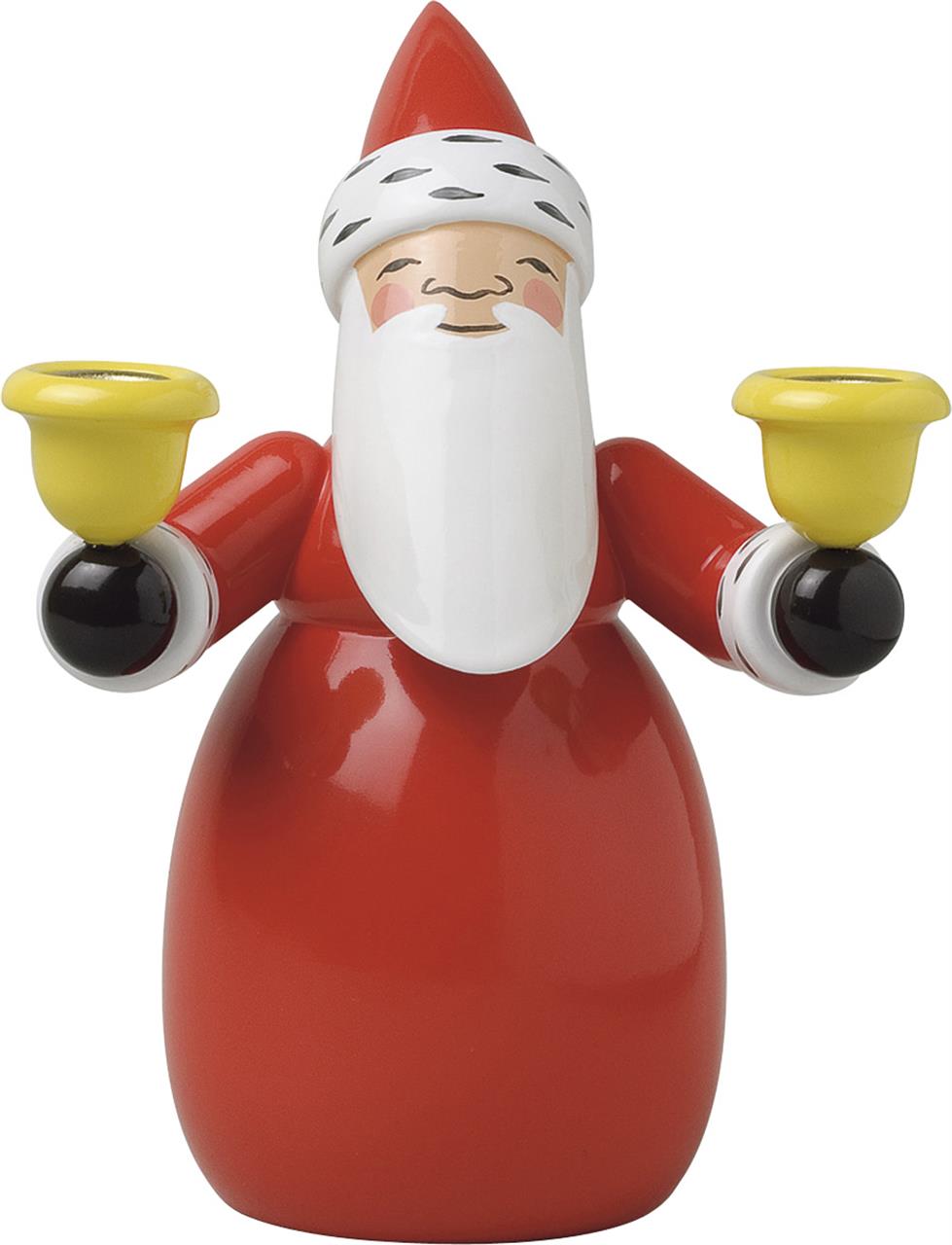 Die Figur zeigt einen Weihnachtsmann mit einem langen weißen Bart und rotem Mantel. Er hält in jeder Hand einen gelben Kerzenhalter.
