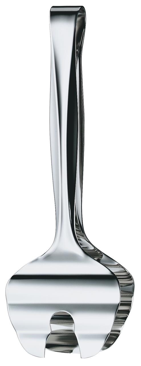 Das Bild zeigt eine glänzende Spargelzange aus Metall. Sie wird verwendet, um Spargel vorsichtig zu greifen und zu servieren.