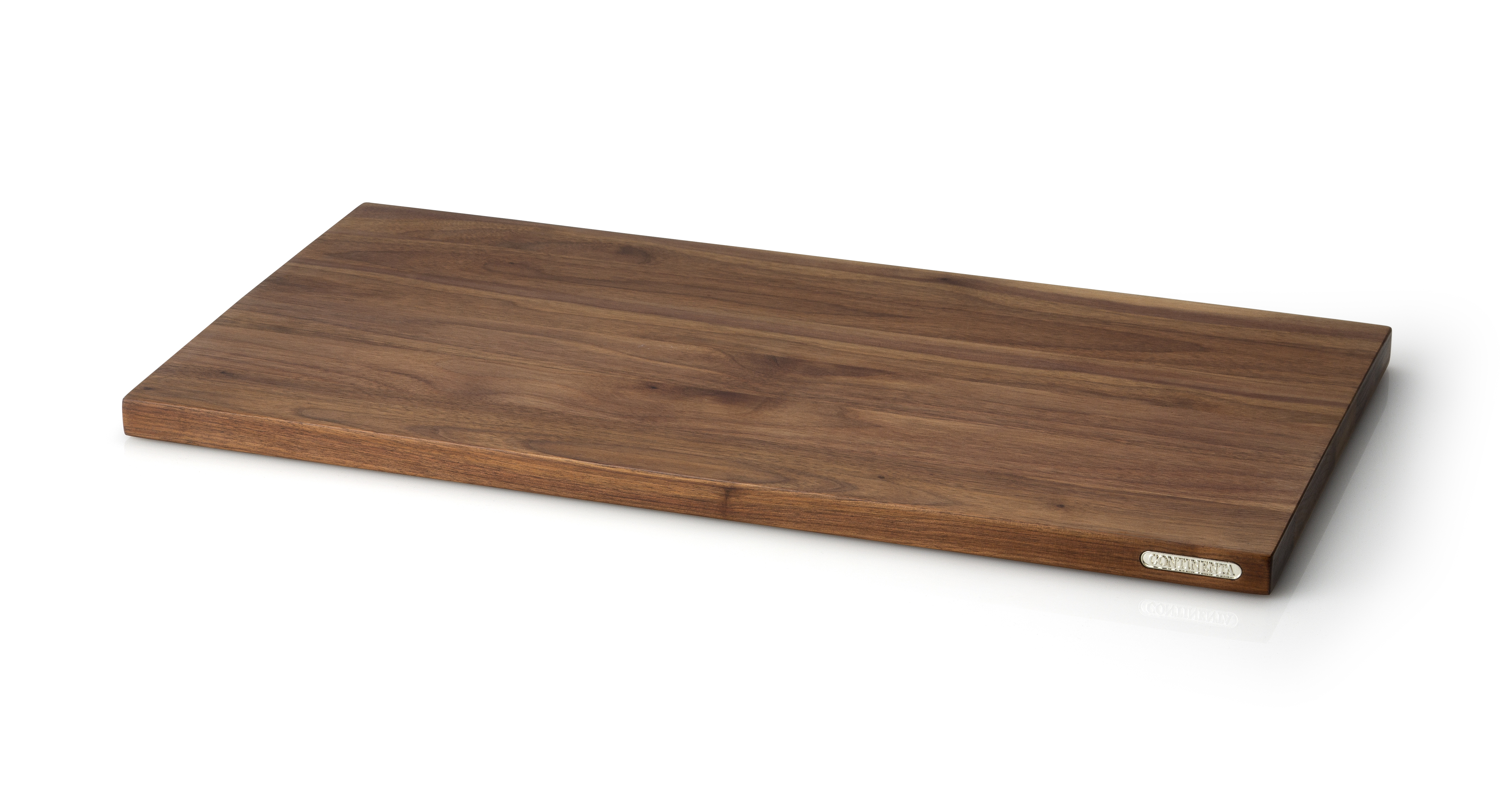 Dies ist ein rechteckiges Schneidebrett aus Holz. Es hat eine glatte Oberfläche und eine kleine Metallplakette an der Seite.