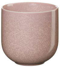 Dieses Bild zeigt einen rosa Keramikbecher mit einer dezenten, gesprenkelten Oberfläche. Der Becher hat eine glatte, runde Form und einen glänzenden Rand.