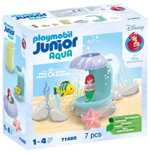 Auf dem Bild ist eine Playmobil Junior Aqua Spielzeugbox mit einer kleinen Meerjungfrau und einem Fisch zu sehen. Die Verpackung zeigt die Disney-Prinzessin Arielle mit Muscheln und Meeresdeko für Kinder von 1 bis 4 Jahren.