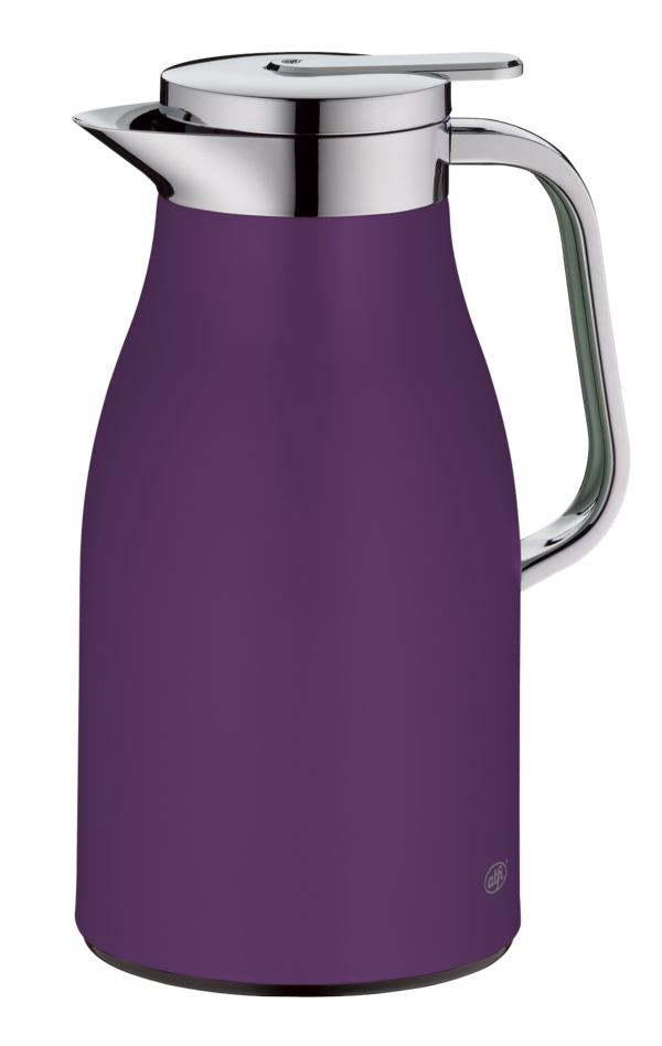 Dunkellila Isolierkanne aus Kunststoff oder Metall. Die Oberfläche ist leicht matt.